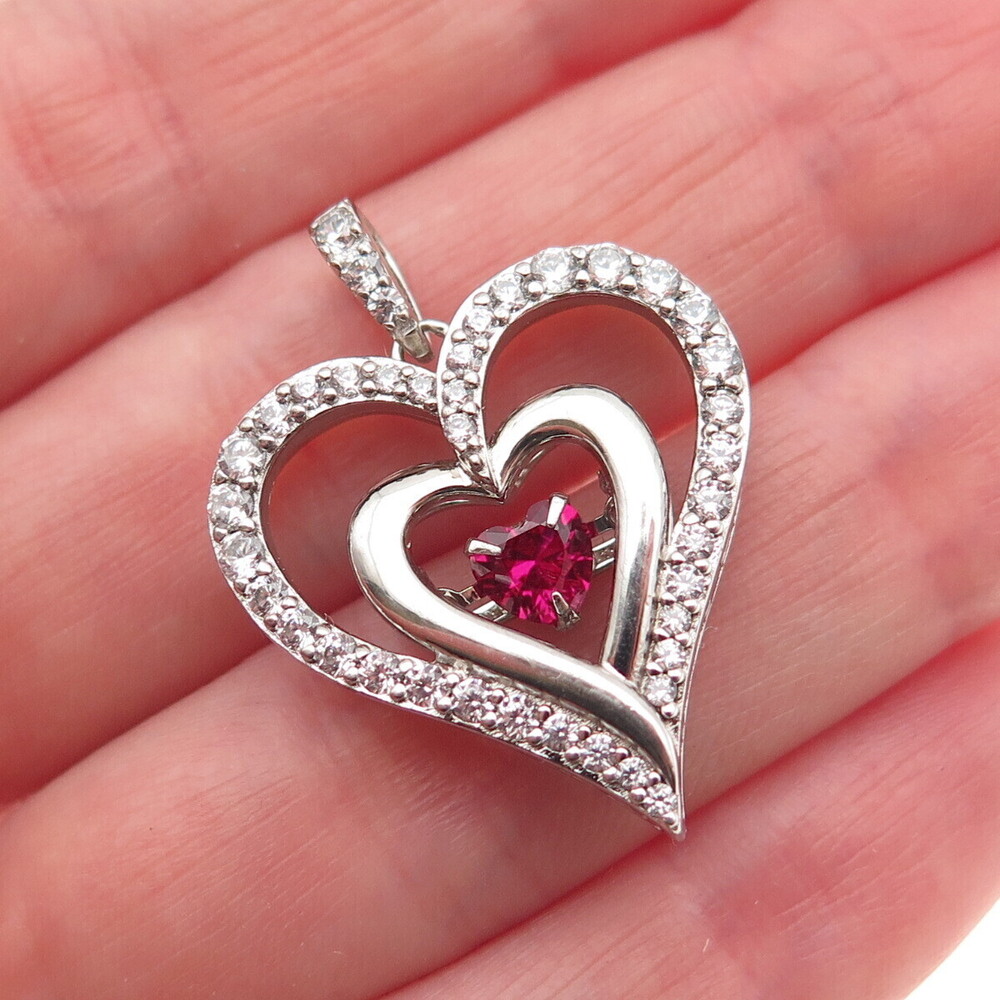 SUN 925 Sterling Silver Lab-Created Ruby & C Z Heart Charm Pendant